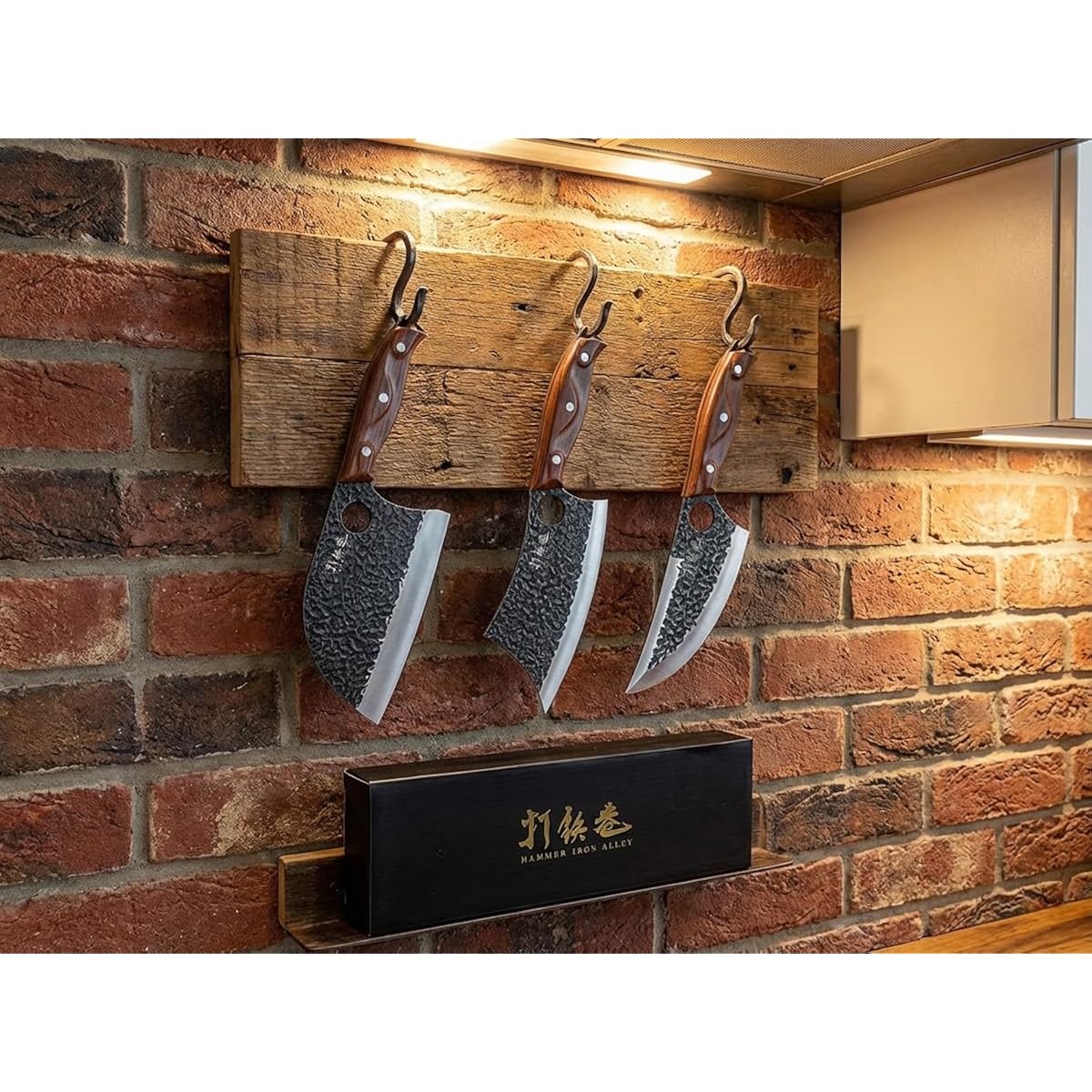 3Pcs Butcher Knife Set, 7" Butcher Meat Cleaver, 7" Serbian Chef Knife And 6.5" Viking Knife, Hand Forged Kitchen Knife Set With Plastic Handle, Geat For Home, Camping, Bbq (Unique Finger Hole Design)