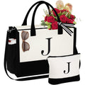 YOOLIFE Birthday Gifts for Women - Initial Canvas Tote Bag & Makeup Bag Monogrammed Beach Bag for Women Mom Sister Friends