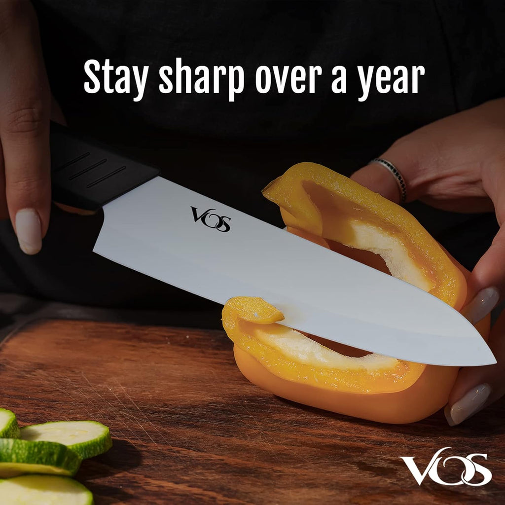 Vos Ceramic Knife Set In Elegant Gift Box, Ceramic Knives Set For Kitchen, Ultra Sharp Kitchen Knife Set With Covers, 4" 5" 6" Paring, Santoku & Chef Knife, Lightweight, Dishwasher Safe (Black Handle)