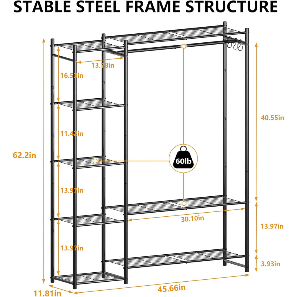 Wardrobe Closet,Portable Clothes Rack With 4 Tiers Shelves,Freestanding Closet Organizers And Storage System With Hanging Rods,Steel Clothing Rack Suitable For Cloakrooms,Bedrooms,Entrances,Etc.Black