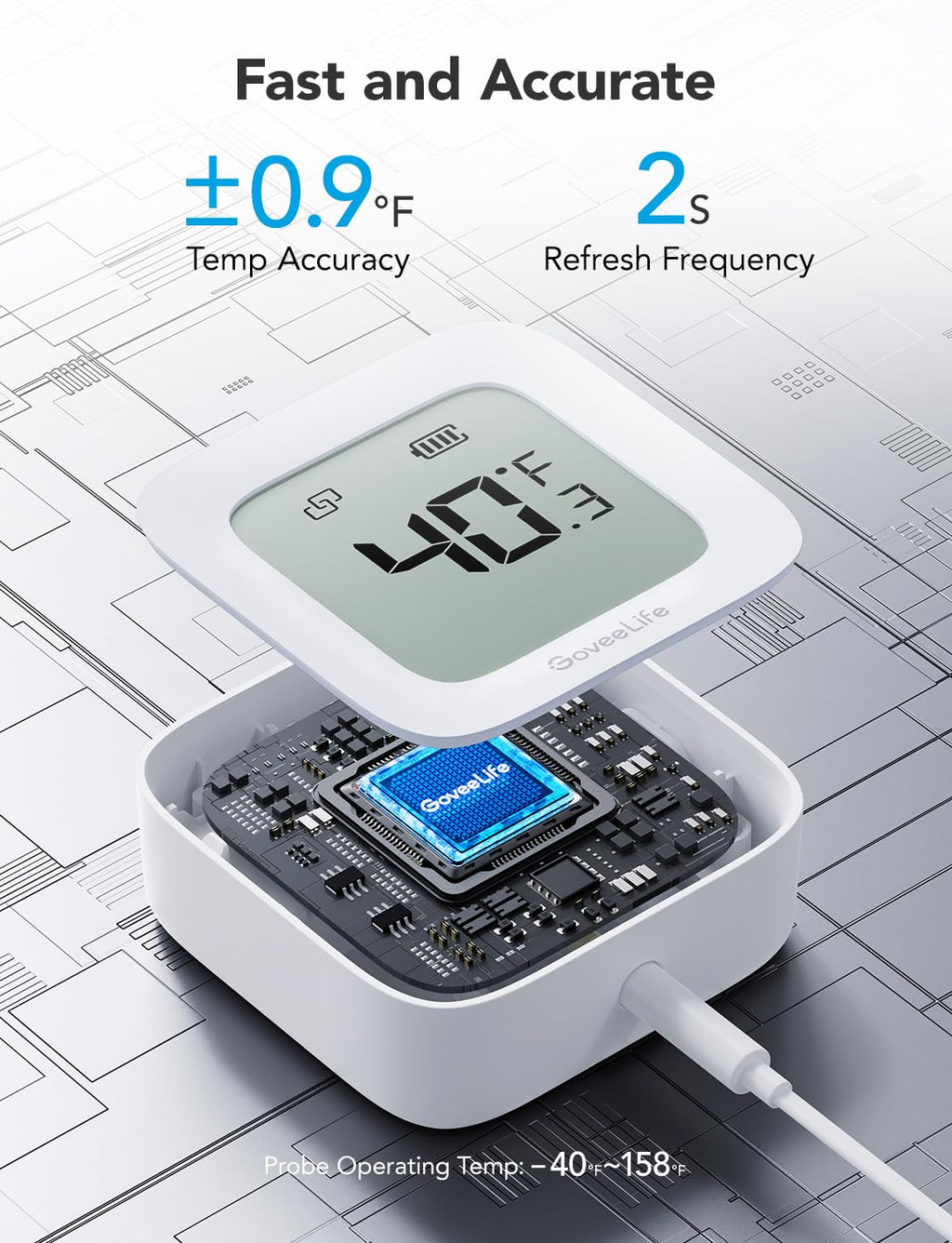 Goveelife Wifi Refrigerator Thermometer 2-Pack With Gateway & Lcd Display | Freezer Alarm Fridge Monitor With App Alerts & Anti-False, 197Ft Range, 2-Yr Data Export. For Freezer/Fish Tank/Hot Tub