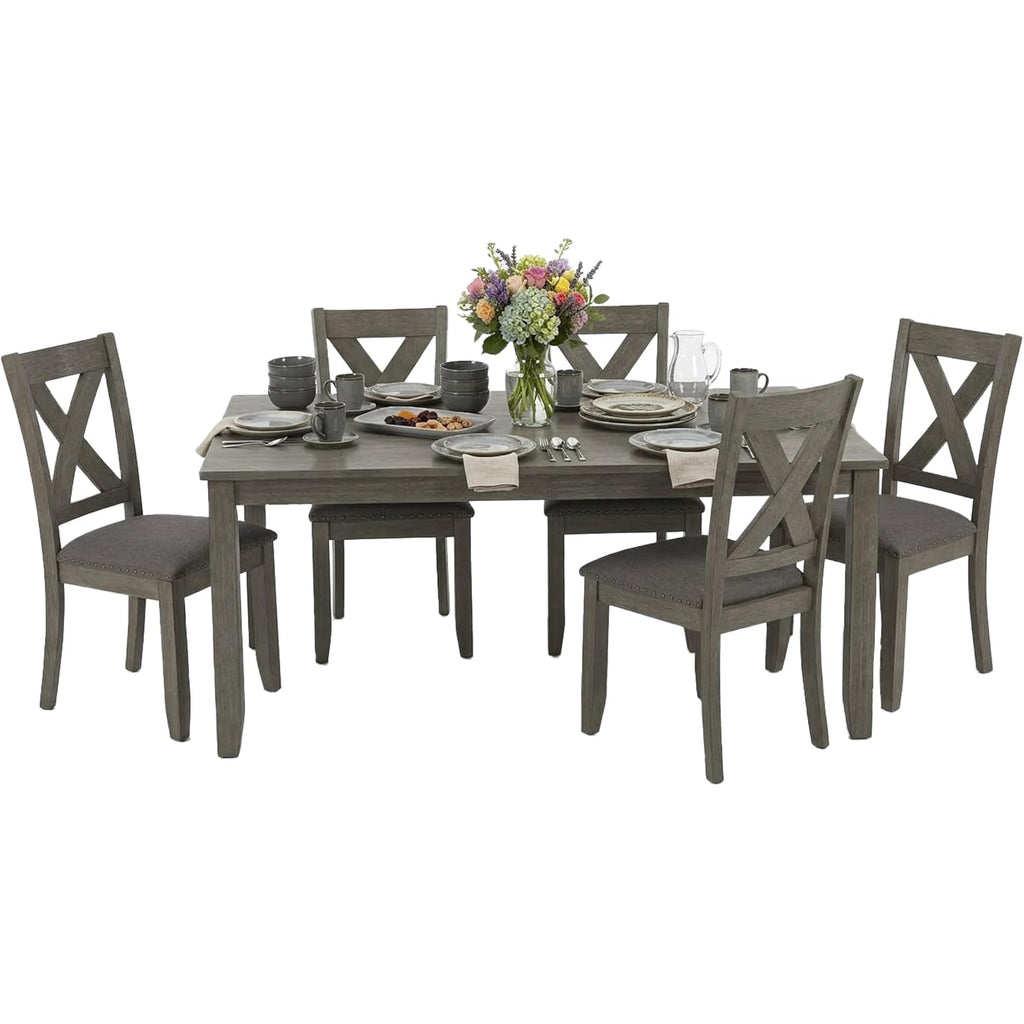 Signature Design By Ashley Caitbrook Rustic 7-Piece Dining Set – Rectangular Table With 6 X-Back Upholstered Chairs, Gray