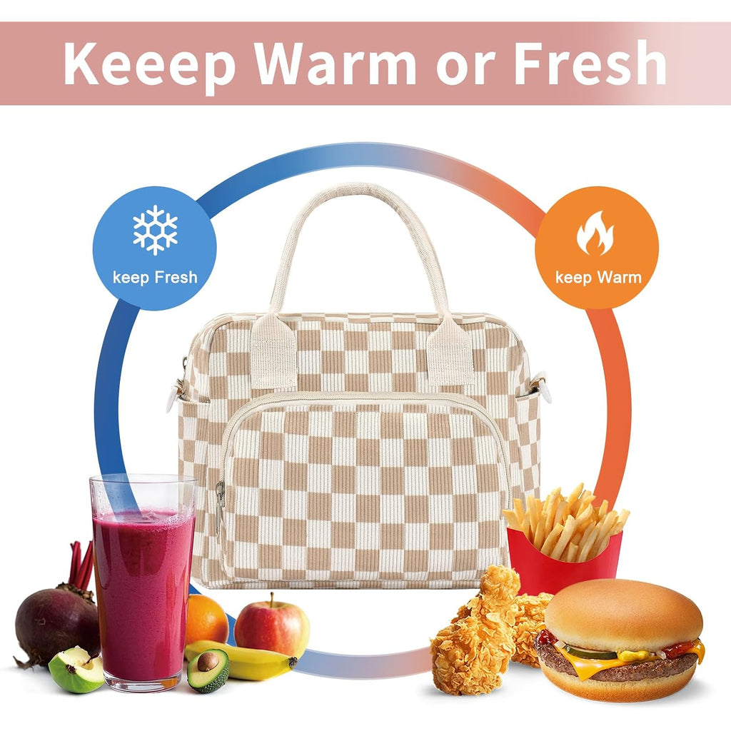 Lunch Bag Women Lunch Box For Women Adult Cute Insulated Lunch Bag Lager Cooler Lunch Tote Bags For Work Picnic (Beige-Brown Plaid)
