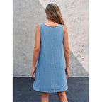 Bzb Women'S Sleeveless Casual Denim Dress Crewneck Vintage Loose Jean Overall Dress With Pockets