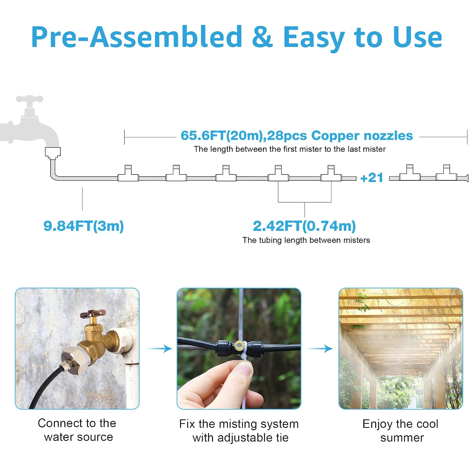 75Ft Misters For Outside Patio, 28 Brass Nozzles, 3/4 Inch Adapter | Creates Cooling Fine Mist For Patios, Gardens And Greenhouses; 23M Preassembled Line Supports Easy Diy Setup.
