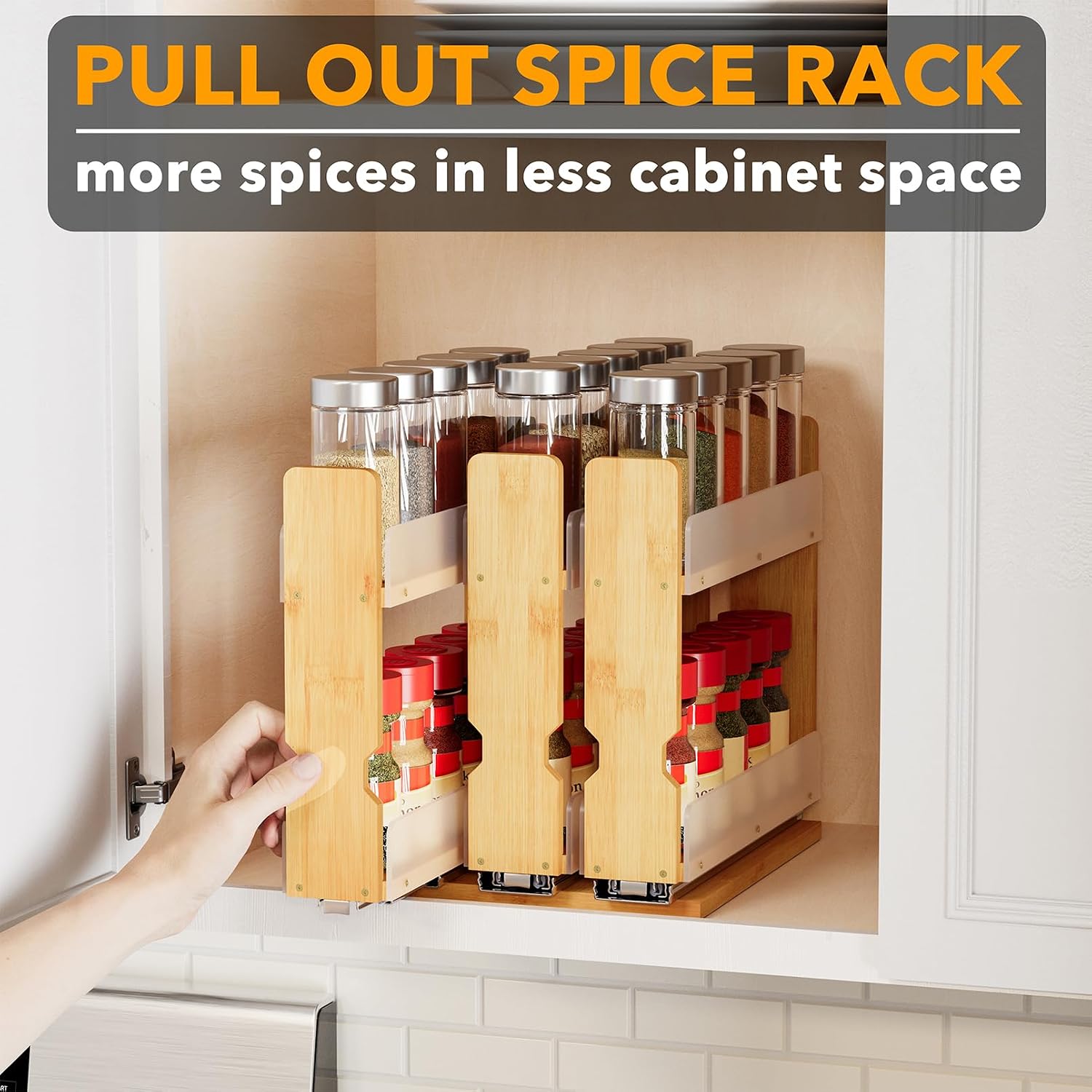 Spaceaid Bamboo Pull Out Spice Rack Organizer For Cabinet, Heavy Duty Slide Out Seasoning Kitchen Pantry Sliding Vertical Organization, 7.6" Wide, 3 Drawers(2" Wide), 2-Tier, Natural