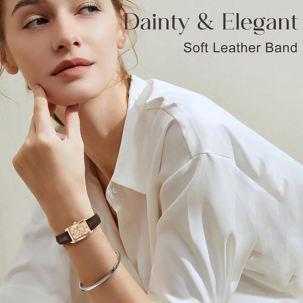 Women'S Leather Strap Watch Dainty Elegant Womens Watches Classic Vintage Retro Square Ladies Quartz Watches Gifts Present For Her