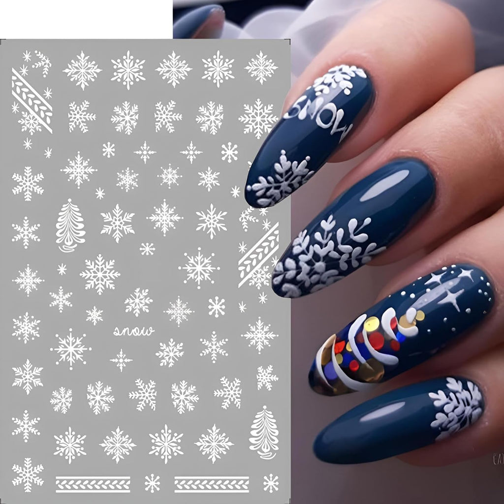 9 Sheets Christmas Snowflake Nail Art Stickers, Winter Romance Nail Decals, White Reindeer 3D Self-Adhesive Nail Sticker, Holiday DIY Manicure Decoration Supplies Accessories for Women Girls