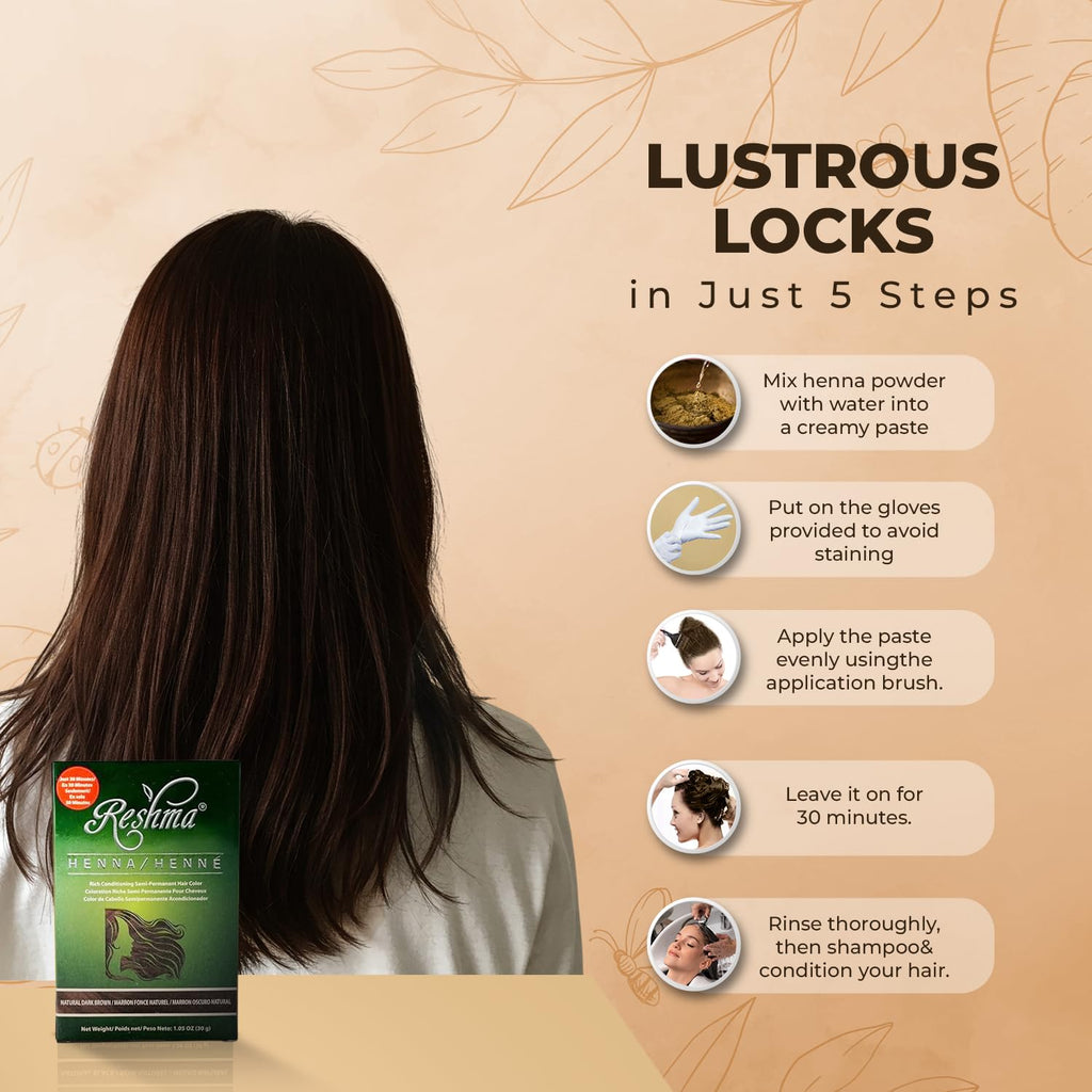Reshma Beauty 30 Minute Henna Hair Color Infused with Plant-Based Lawsonia Inermis 100% Gray Coverage for Soft, Shiny Hair, Hair Dye—1.05 oz Pack of 1 (Dark Brown)