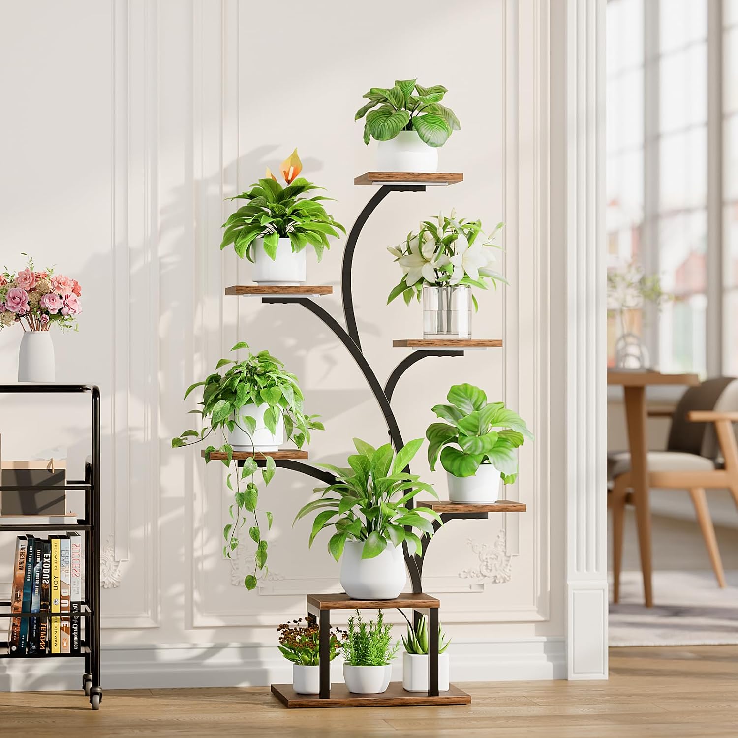 Bacekoll Plant Stand Indoor With Grow Lights, 7 Tiered Indoor Plant Shelf, 49" Corner Plant Stands For Indoor Plants, Metal Plant Flower Display Shelf, Tree-Shaped Plant Rack For Home, Patio, Brown