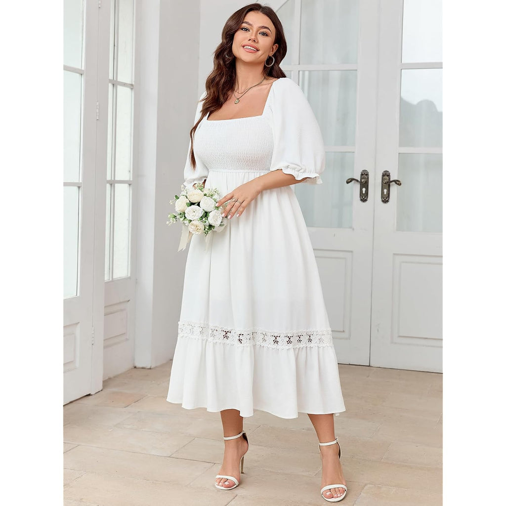 Scomchic Women'S Plus Size Boho Maxi Dress Short Sleeve Square Neck Smocked Flowy A-Line Lace Trim Wedding Guest Dresses