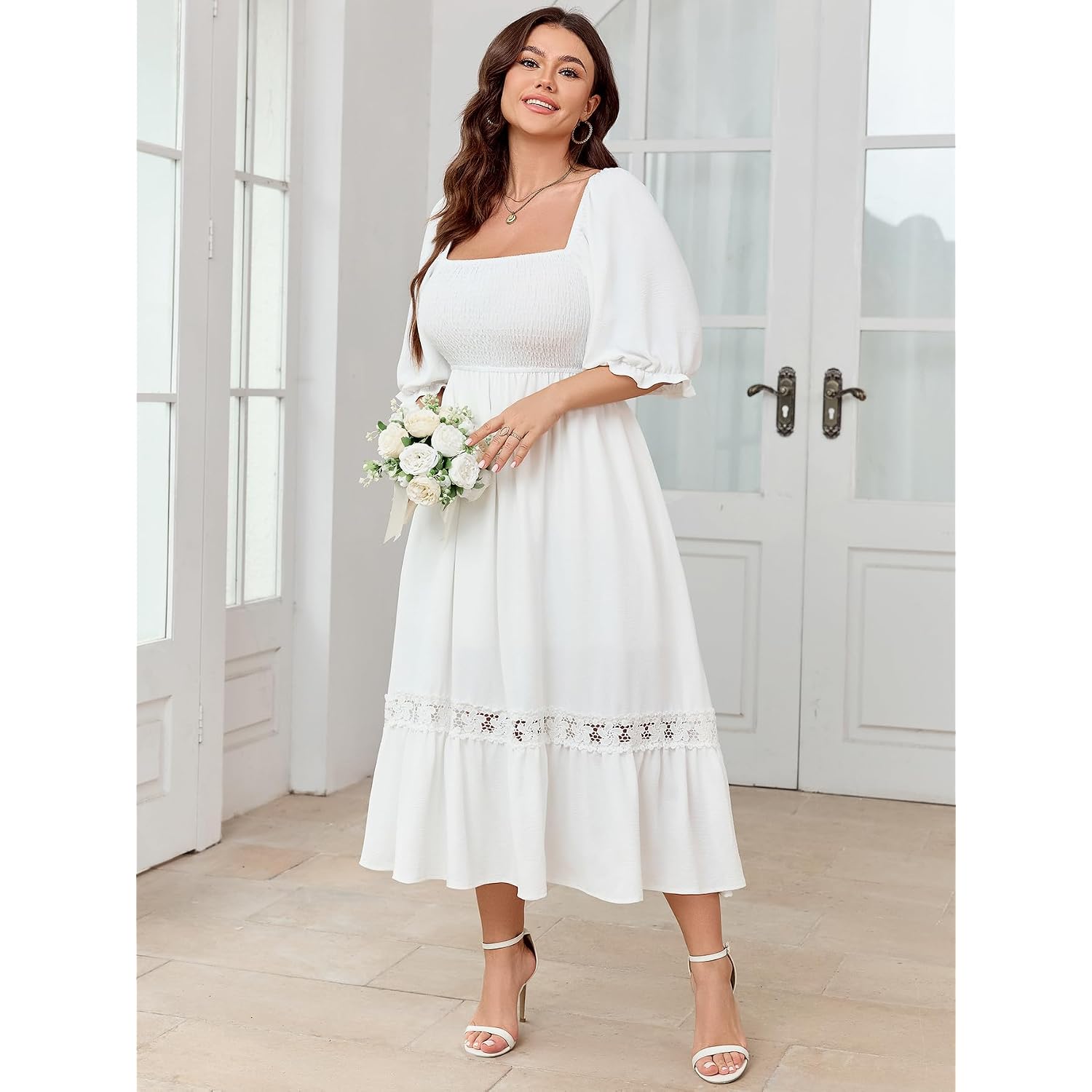 Scomchic Women'S Plus Size Boho Maxi Dress Short Sleeve Square Neck Smocked Flowy A-Line Lace Trim Wedding Guest Dresses