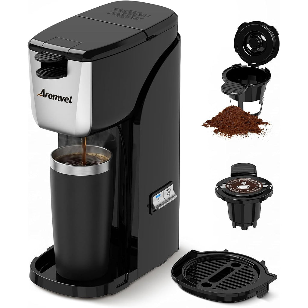 2-In-1 Single Serve Coffee Maker For K Cup Pods & Ground Coffee, 6 To 14 Oz Brew Sizes, Compact Small Brewer With Dual Buttons, Adjustable Drip Tray For Travel Mugs, Silver