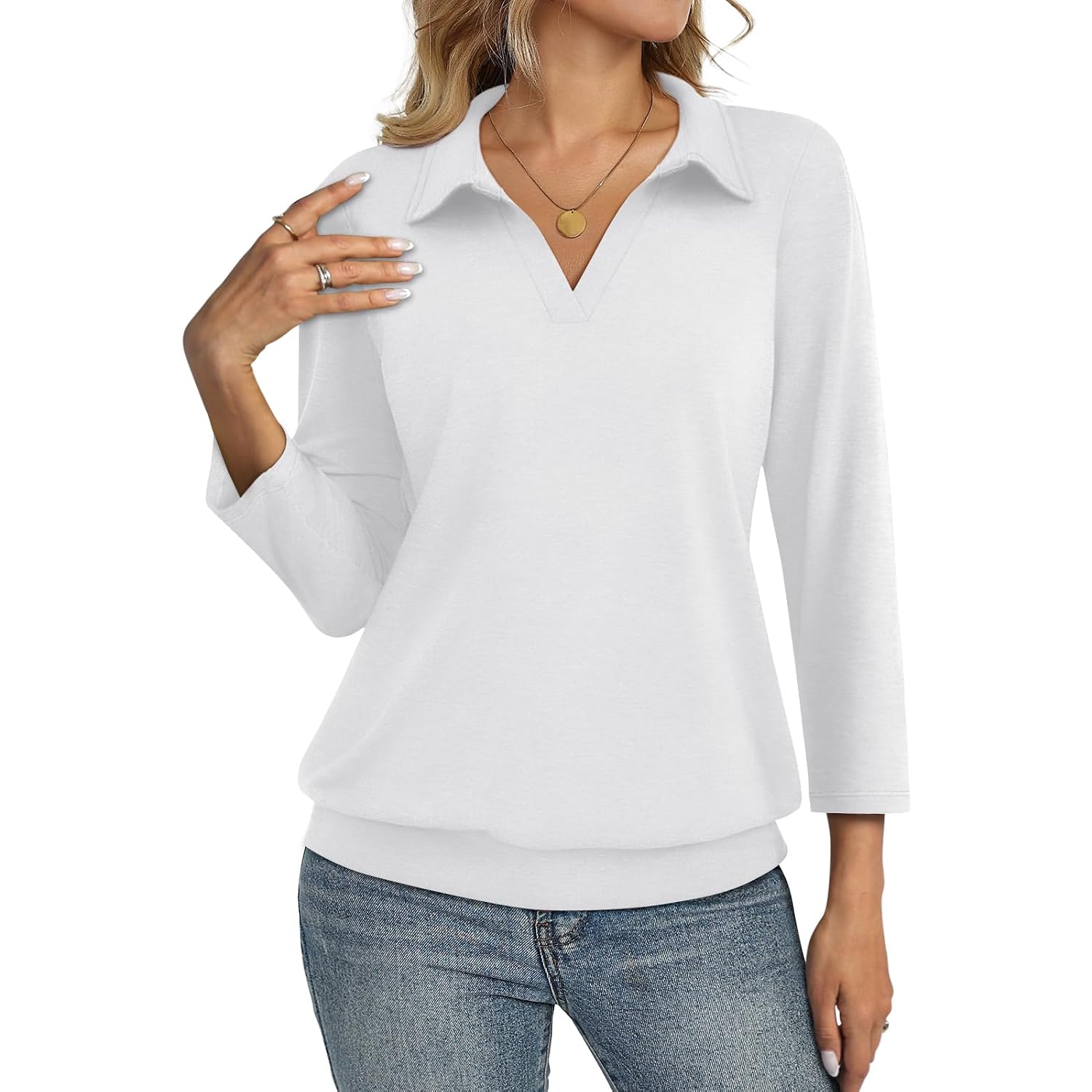 Ticticmiss Womens Polo Shirts 3/4 Sleeve Banded Bottom Tops Business Casual Tops Collared V Neck Blouses