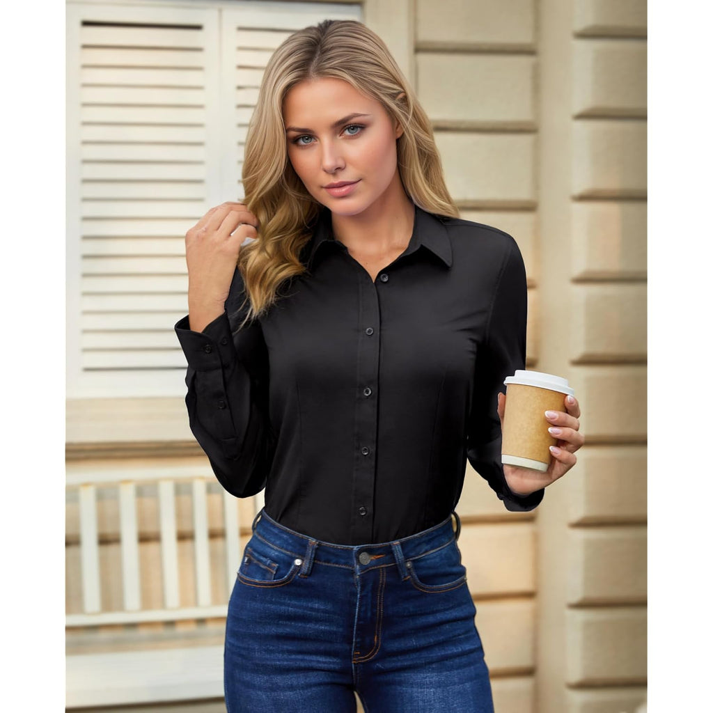 Dress Shirts For Women Long Sleeve Button Down Shirt Stretch Wrinkle Free Solid Casual Work Office Blouse Top