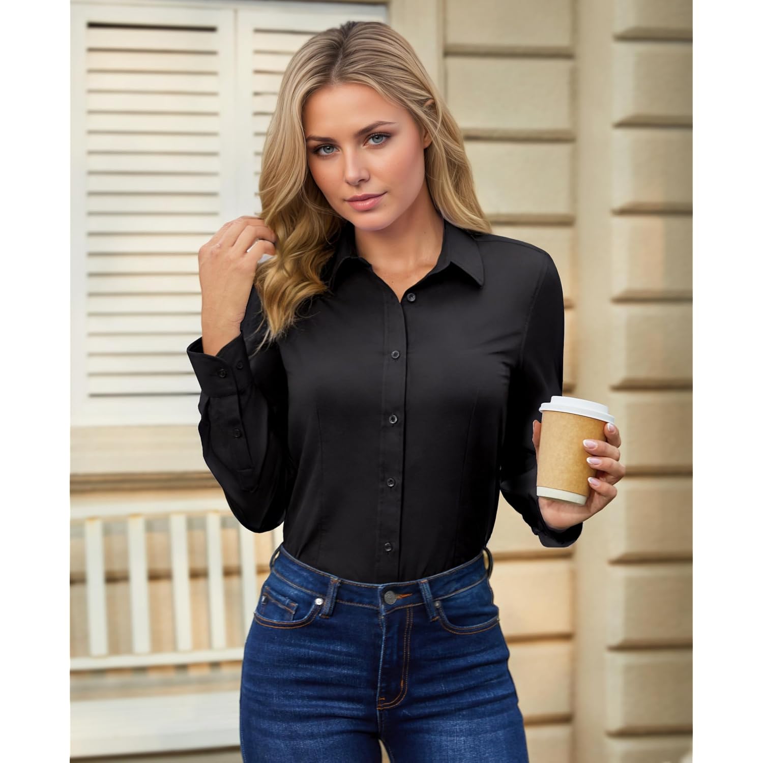 Dress Shirts For Women Long Sleeve Button Down Shirt Stretch Wrinkle Free Solid Casual Work Office Blouse Top
