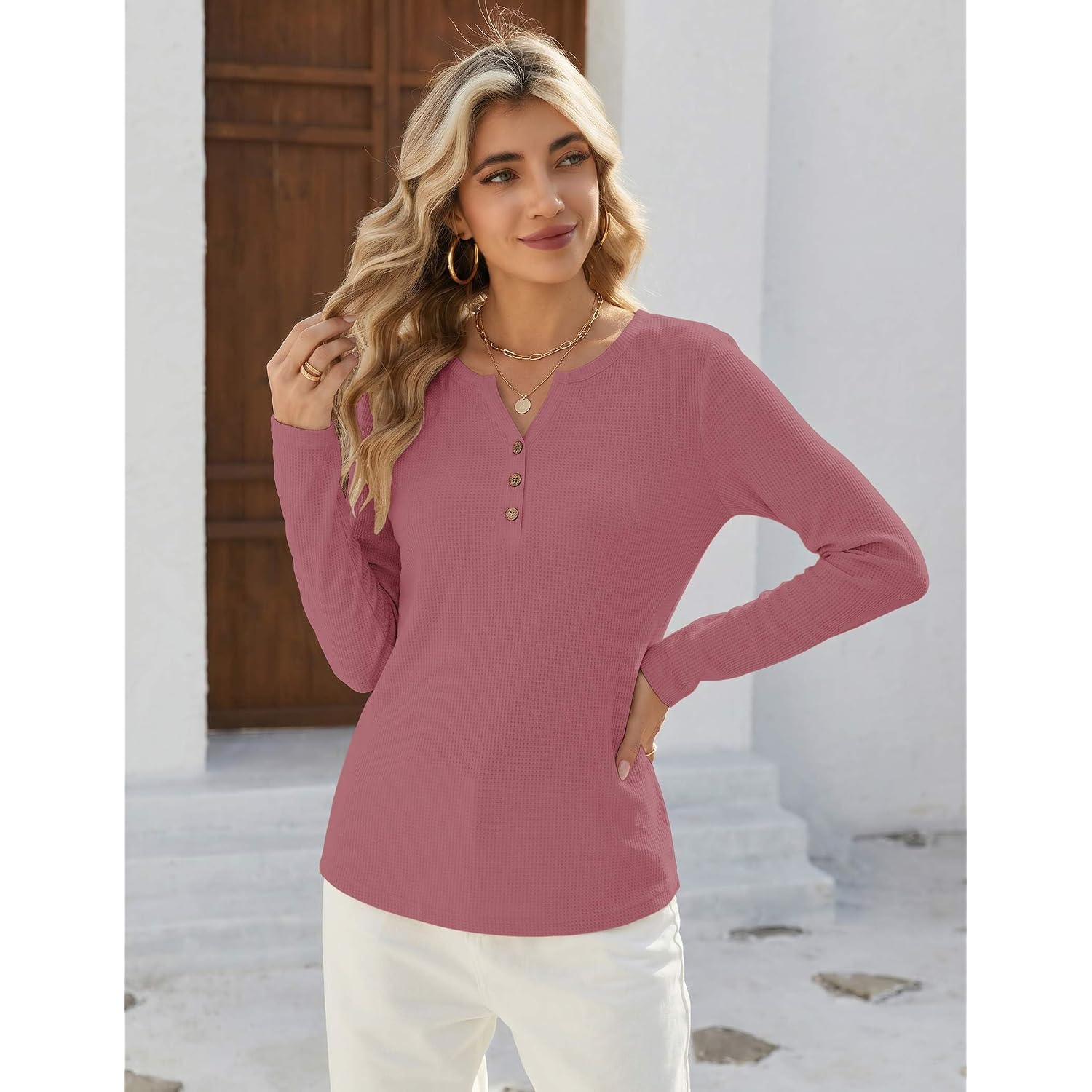 Zeagoo Women'S Long Sleeve Waffle Knit Shirts Dressy Casual Loose Button Up V Neck Tops 2026 Fall Basic Tee Blouse