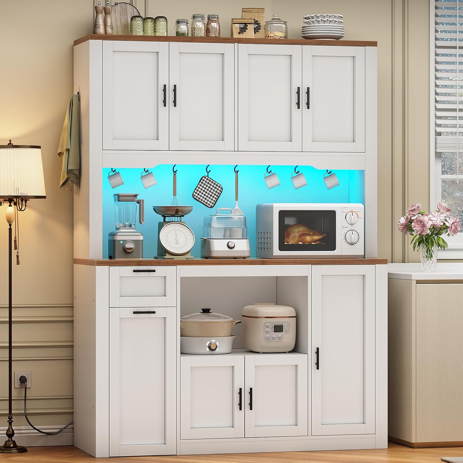 Itaar 71" Pantry Cabinet With Charging Station And Led Light, Kitchen Pantry Cabinet With Microwave Stand, 47.2" Wide Kitchen Storage Cabinets With Storage Cart 3 Tier For Dining Room, White