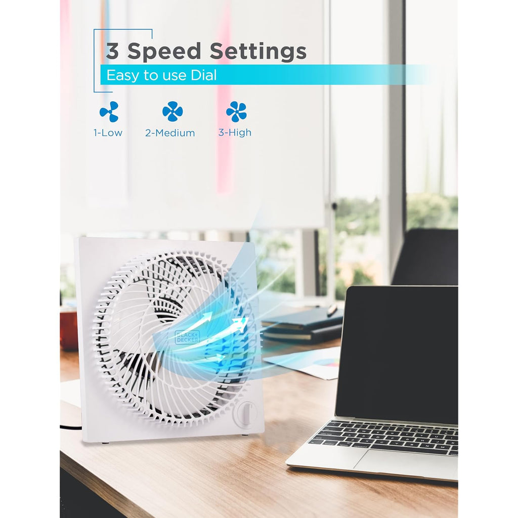 Black+Decker 9-Inch Frameless Box Fan, 3-Speed Settings, Bfb09W, White | Desk Fan With 3-Speed Settings, Quiet And Lightweight Portable For Home Office Or Garage, Self-Standing Frameless Design
