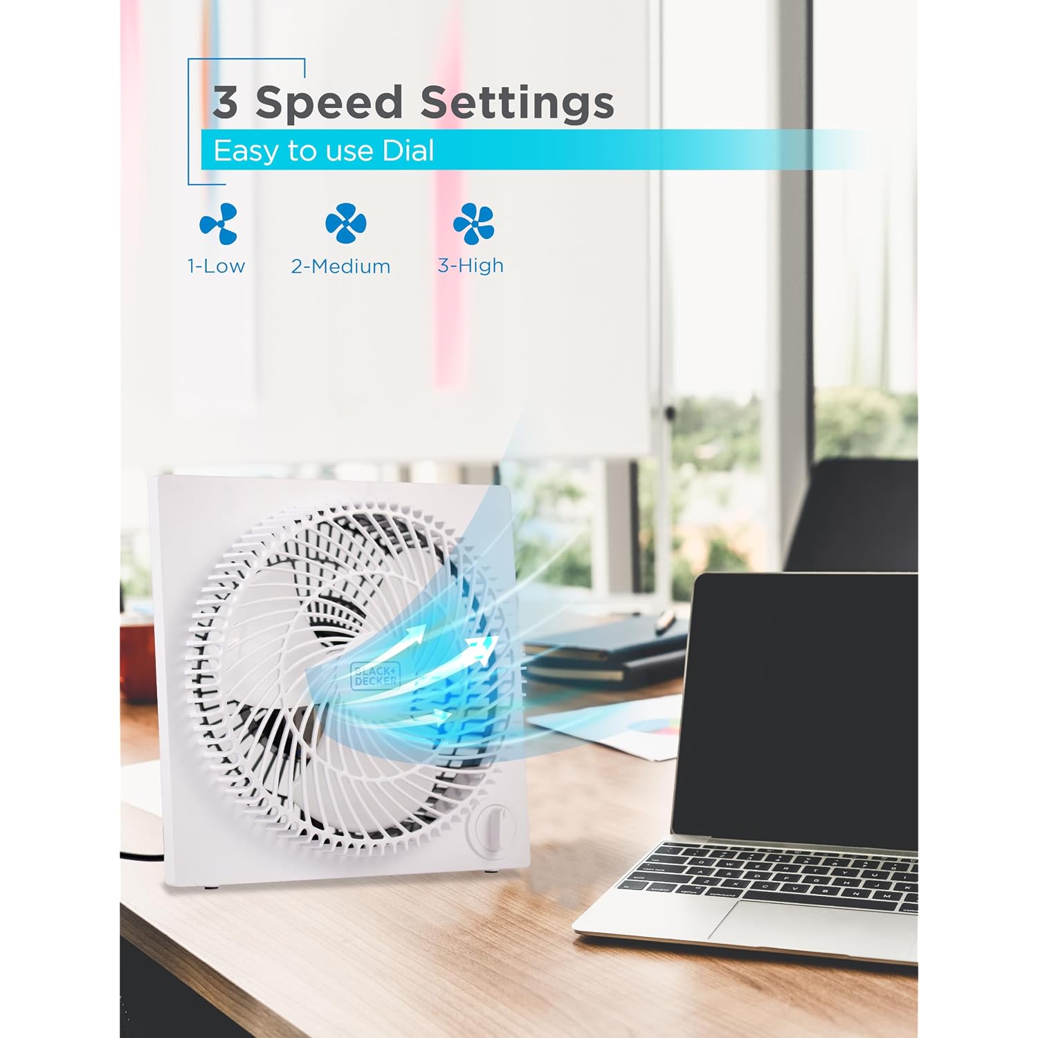 Black+Decker 9-Inch Frameless Box Fan, 3-Speed Settings, Bfb09W, White | Desk Fan With 3-Speed Settings, Quiet And Lightweight Portable For Home Office Or Garage, Self-Standing Frameless Design