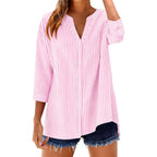 Lomon Cotton 3/4 Sleeve Button Down Shirts For Women Gingham Plaid Striped Tops V Neck Casual Loose Blouse