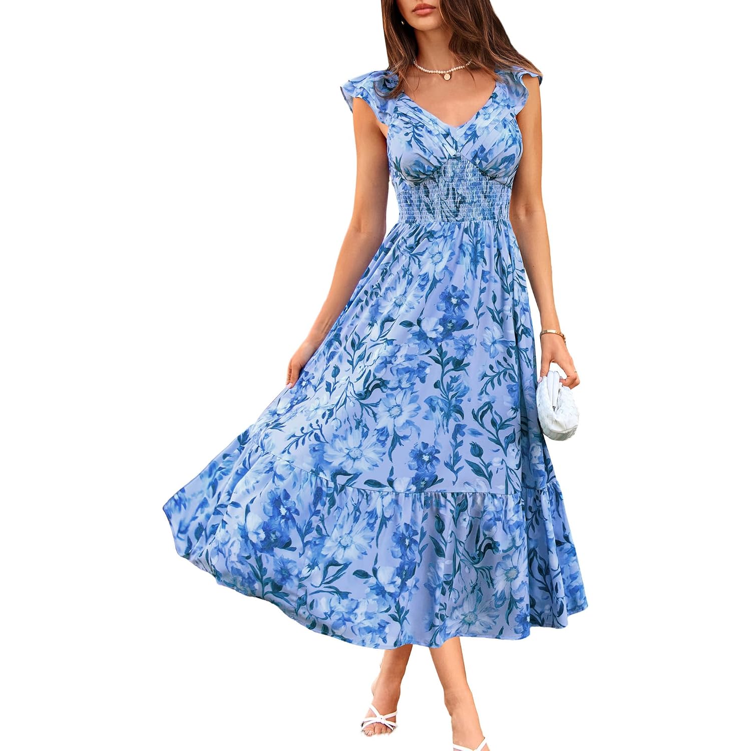 Grace Karin Women'S Summer Floral Maxi Dress 2026 Ruffle Sleeve Smocked Sundress Flowy Wedding Guest Long Dresses With Pocket