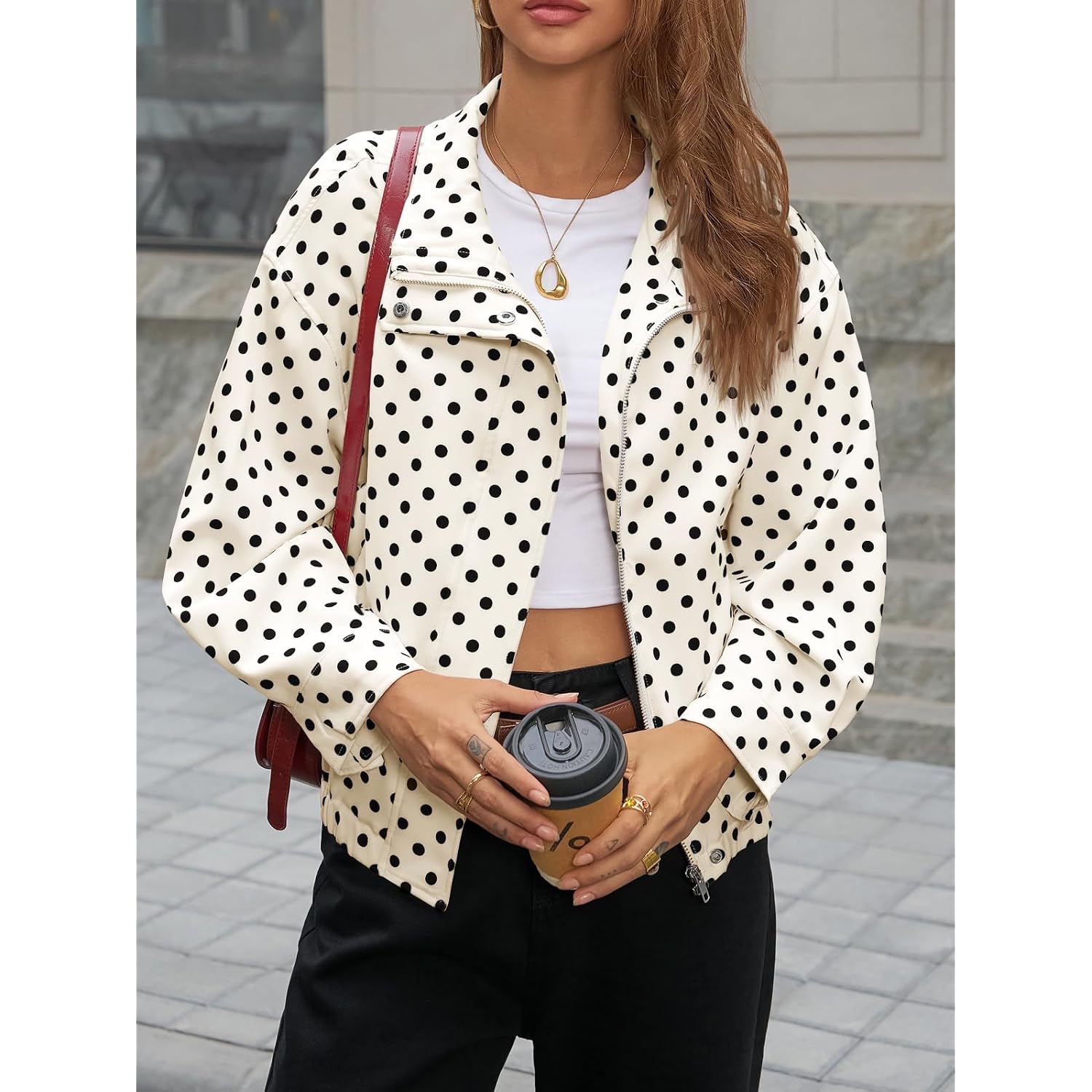 Tankaneo Womens Zip Up Cropped Jackets Polka Dot Oversized Jackets Spring Lightweight Trendy Casual Coats