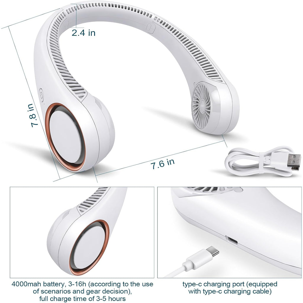 Civpower Neck Fan: Portable Personal Neck Cooling Rechargeable Bladeless Fan - Hands Free 3 Speed 4000 Mah Battery Usb Operated Wearable Headphone Design - Gift For Men Women Outdoor (White)