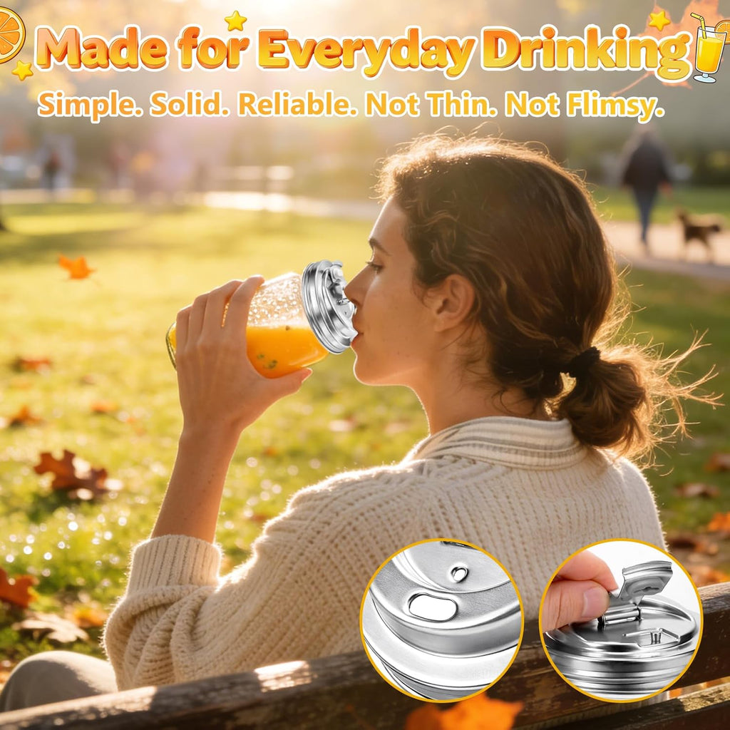 XUNWKONG Mason Jar Drinking Lids, Wide Mouth Stainless Steel Sip Lids for Iced Coffee, Smoothies & Cold Drinks, Leak Resistant Reusable Mason Jar Drink Lid, Heavy Duty Metal, 2 Packs