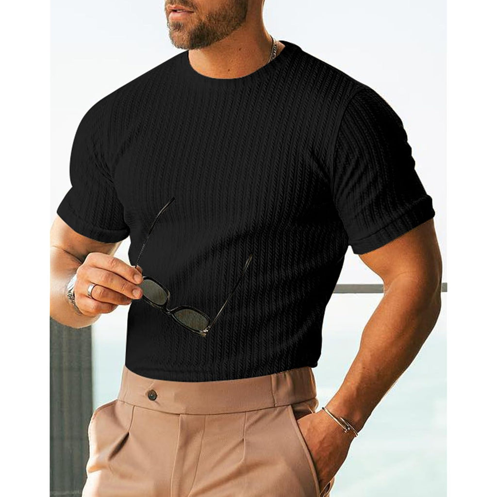 Men'S Ribbed Knit T-Shirts Short Sleeve Casual Crewneck Slim Fit Textured Pullover Tees