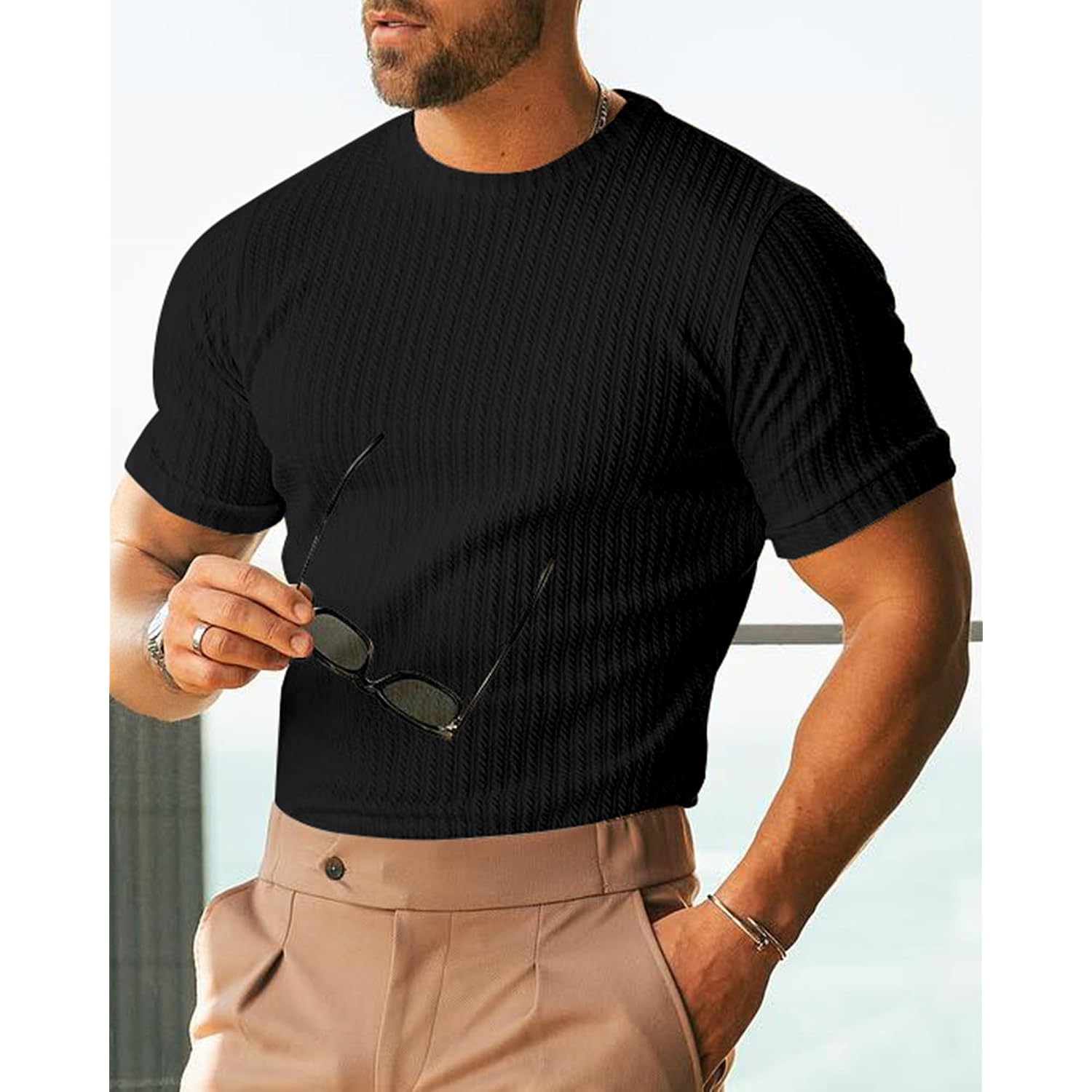 Men'S Ribbed Knit T-Shirts Short Sleeve Casual Crewneck Slim Fit Textured Pullover Tees