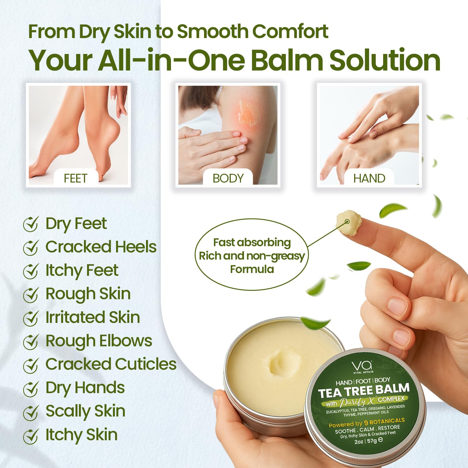 VITAL AFFAIR Tea Tree Oil Balm – Soothing Care for Rashes, Athlete’s Foot, Jock Itch, Bug Bites, Folliculitis, Cracked Feet, Dry, Flaky, Irritated Skin – For All Ages & Sensitive Skin - 2 oz