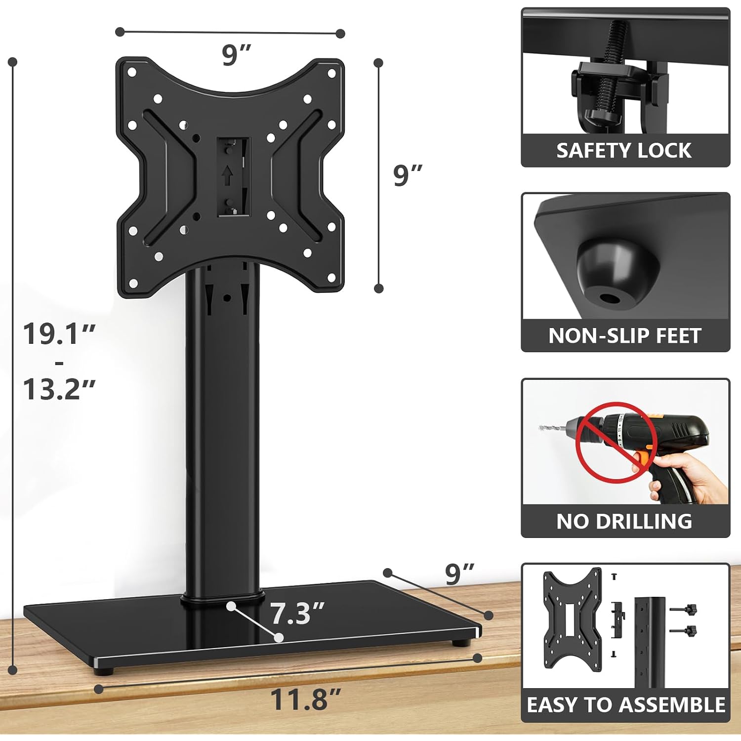 Swivel Table Top Tv Stand For 20-43 Inch Tvs Holds Up To 88 Lbs | Universal Tv Stand Base With 4-Level Height Adjustment And Tempered Glass Base, Max Vesa 200X200Mm, Black