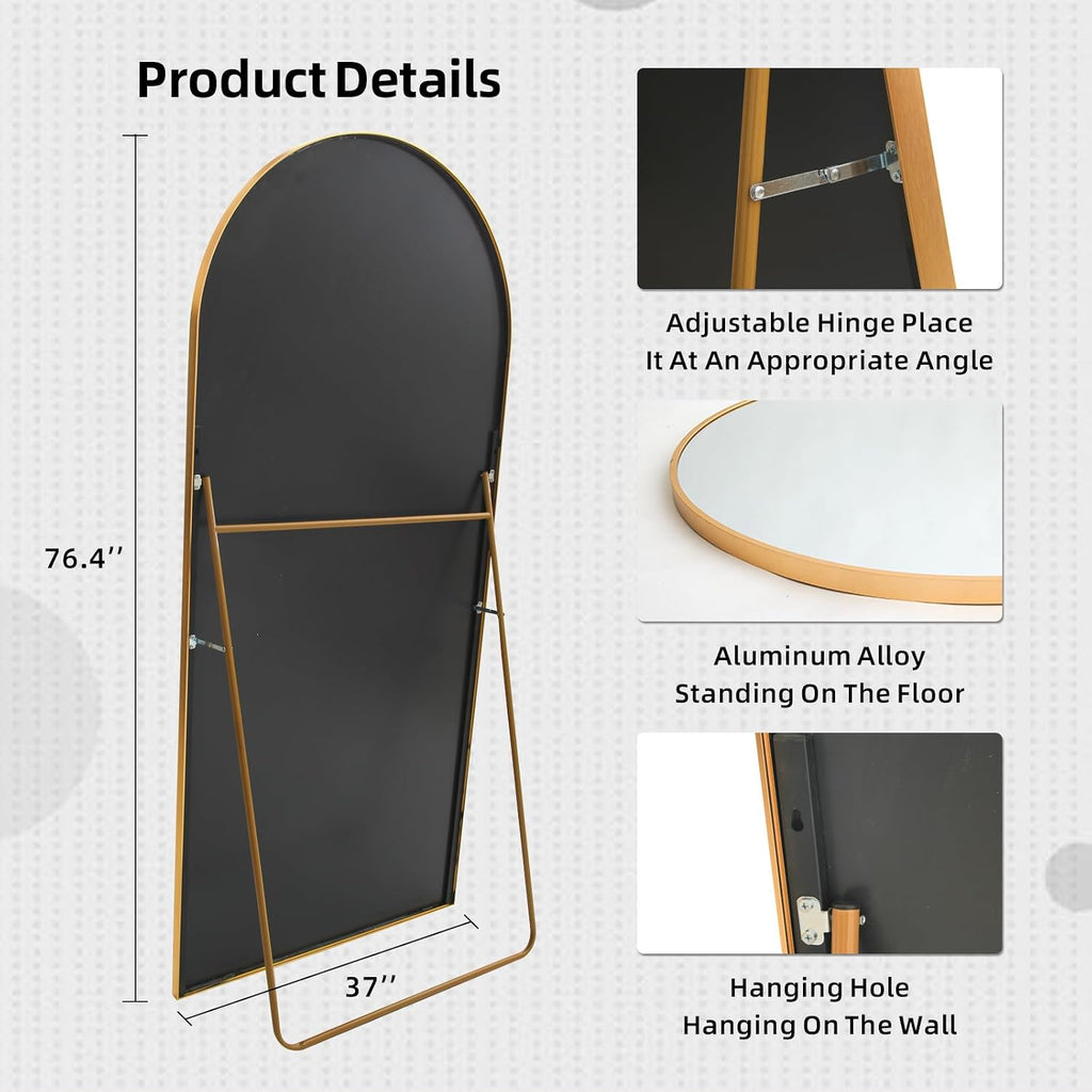 Lft Huimei2Y Arched Full Length Mirror, 76.4"X37" Oversize Full Body Floor Tempered Mirror With Aluminum Alloy Frame For Living Room, Bedroom, Gym, Gold