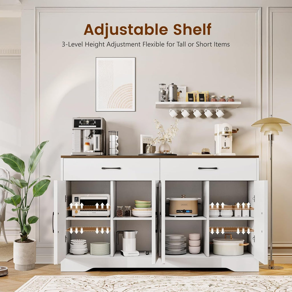 Sideboard Buffet Cabinet With Storage, 55.1" Large Kitchen Storage Sideboard With Drawers & Doors, Modern Wood Farmhouse Coffee Bar Cabinet, Buffet Table For Kitchen, Living Room, White, 55.1Inch