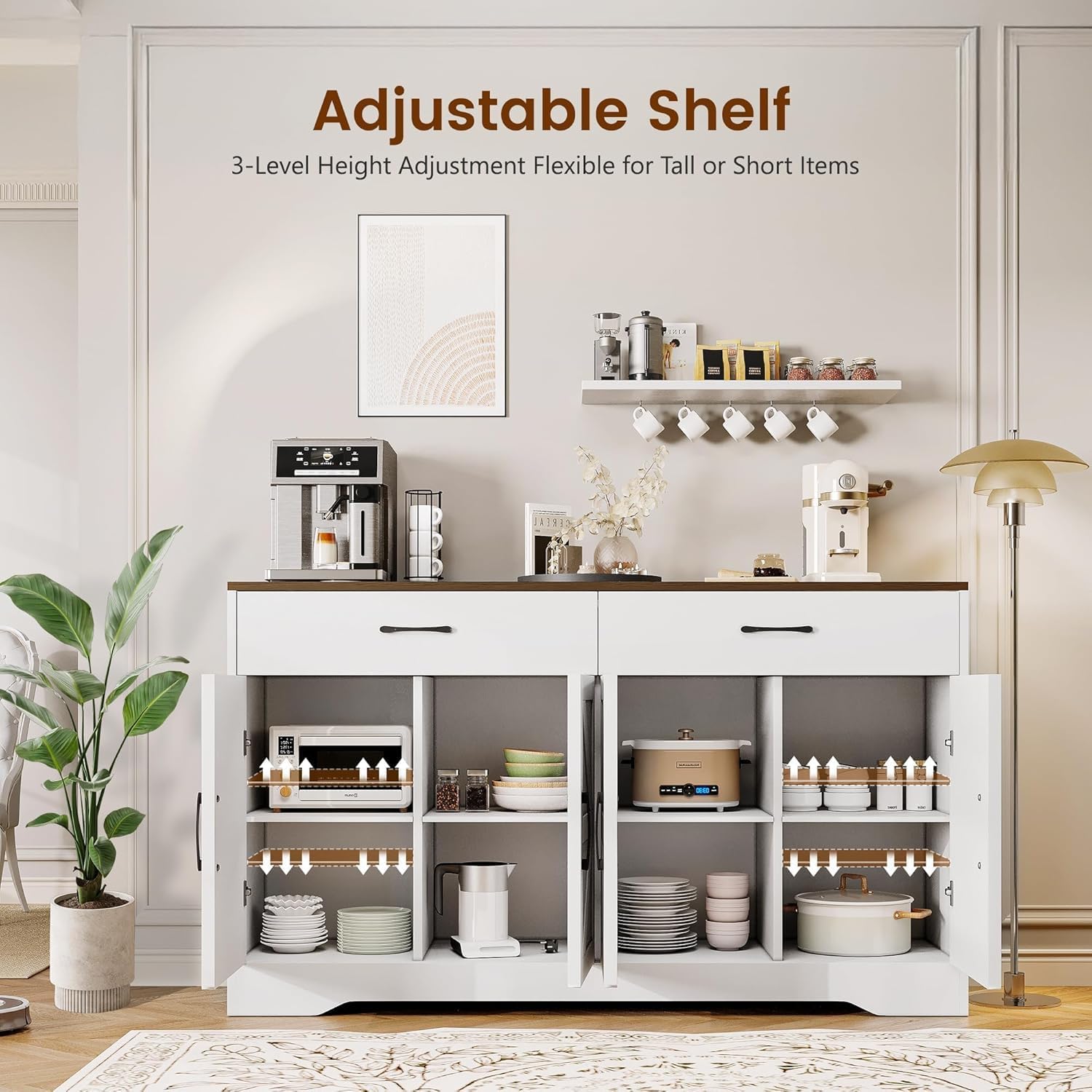 Sideboard Buffet Cabinet With Storage, 55.1" Large Kitchen Storage Sideboard With Drawers & Doors, Modern Wood Farmhouse Coffee Bar Cabinet, Buffet Table For Kitchen, Living Room, White, 55.1Inch
