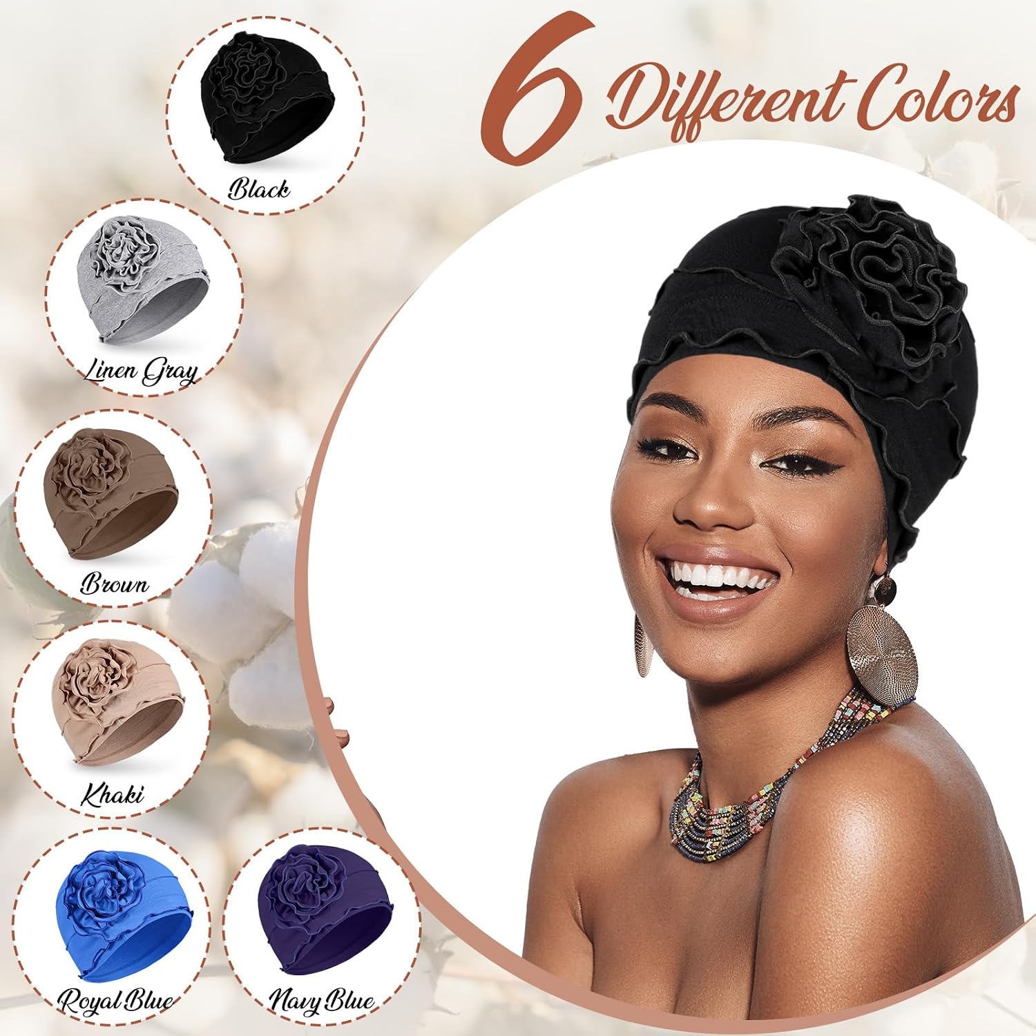 6 Pcs Cotton Chemo Turban Headwear Beanie for Women Soft Cancer Head Scarf Hats Elastic Covers Cap for Hair Loss Dark Color