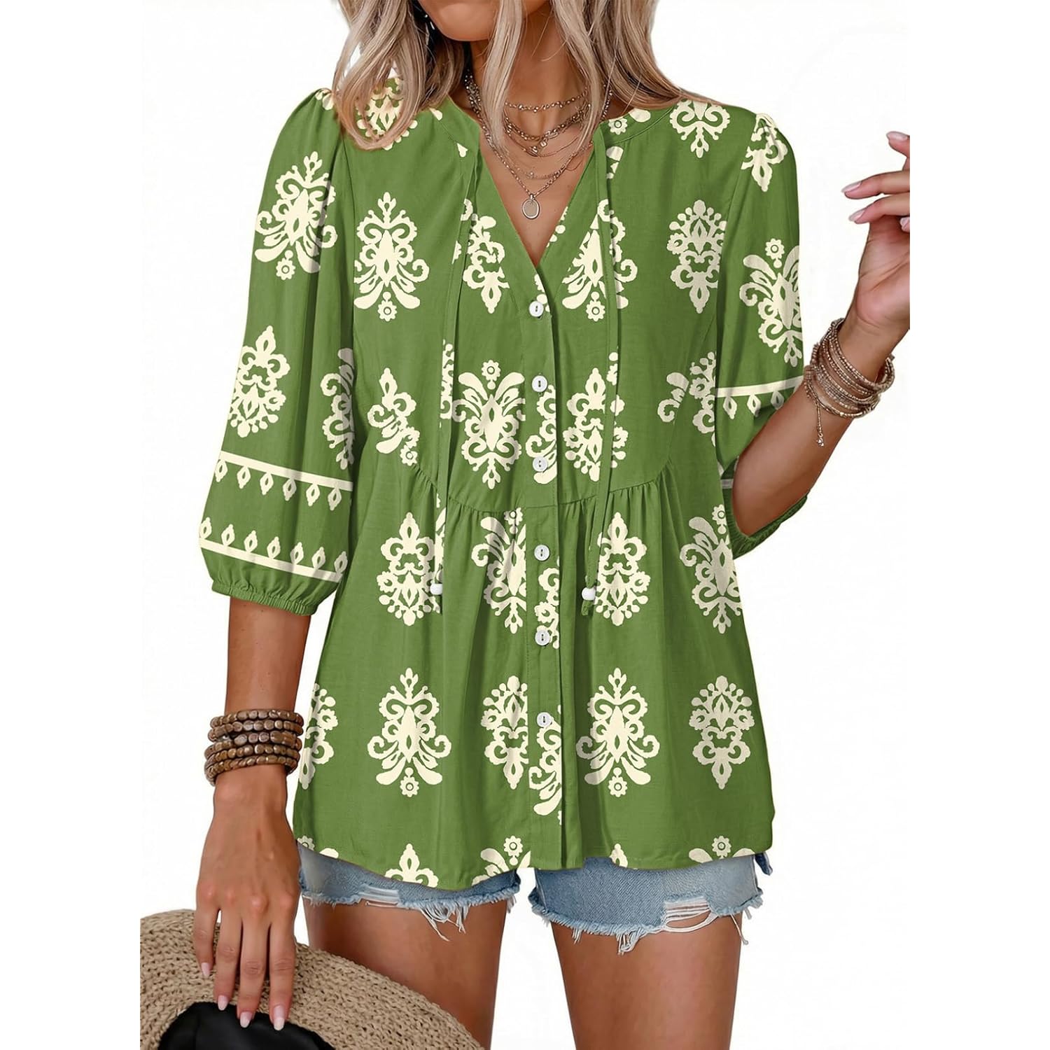 Womens Summer Tops Boho Floral Short Sleeve Button Down V Neck Peplum Babydoll Casual Loose Blouses Shirts