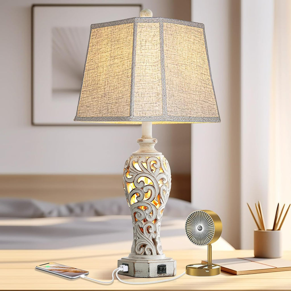 25'' Farmhouse Table Lamp For Living Room Bedroom With Usb C+A | Vintage Rustic Nightstand Desk Lamp With Nightlight, White Hollow Out Resin Lamp For End Table (Bulb Included)