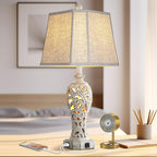 25'' Farmhouse Table Lamp For Living Room Bedroom With Usb C+A | Vintage Rustic Nightstand Desk Lamp With Nightlight, White Hollow Out Resin Lamp For End Table (Bulb Included)