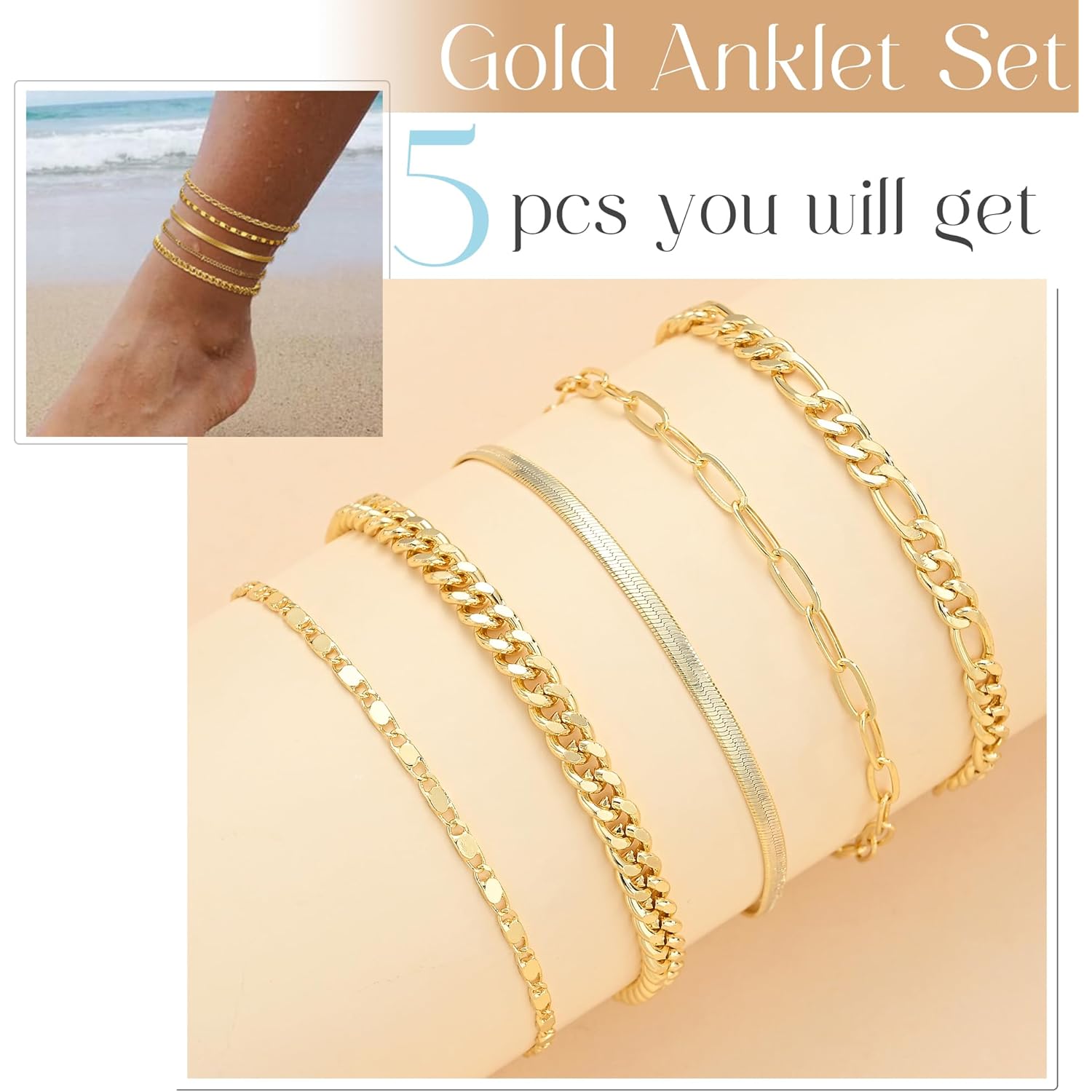 iF YOU Gold Ankle Bracelets for Women, 14k Gold Plated Waterproof Cuban Link Chain Anklets Set, Layered Anklet Bracelets for Women Beach Gift Adjustable Size 5pc
