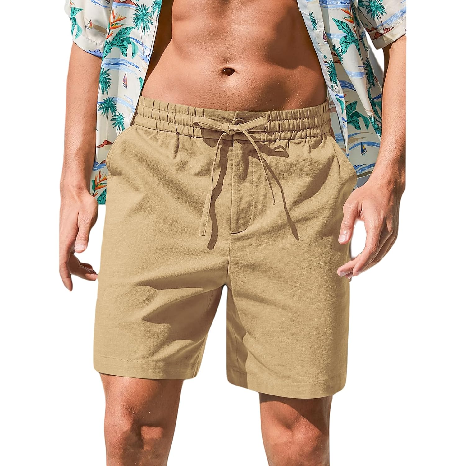 Rqp Mens Cotton Linen Shorts Casual Drawstring 7Inch Inseam Shorts Stretch Summer Beach Wear