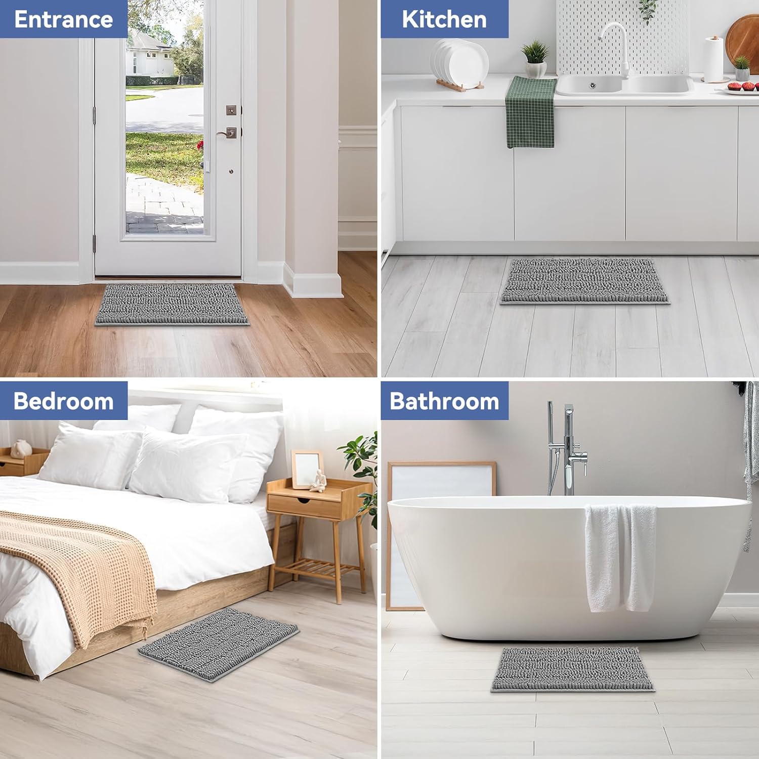 Bcoimo 24"×17" Chenille Bath Mat – Non-Slip with Backing Bath Rug Ultra-Absorbent and Machine Washable Bathroom Mat Quick-Dry Design. Ideal for Bathroom and Tub Areas