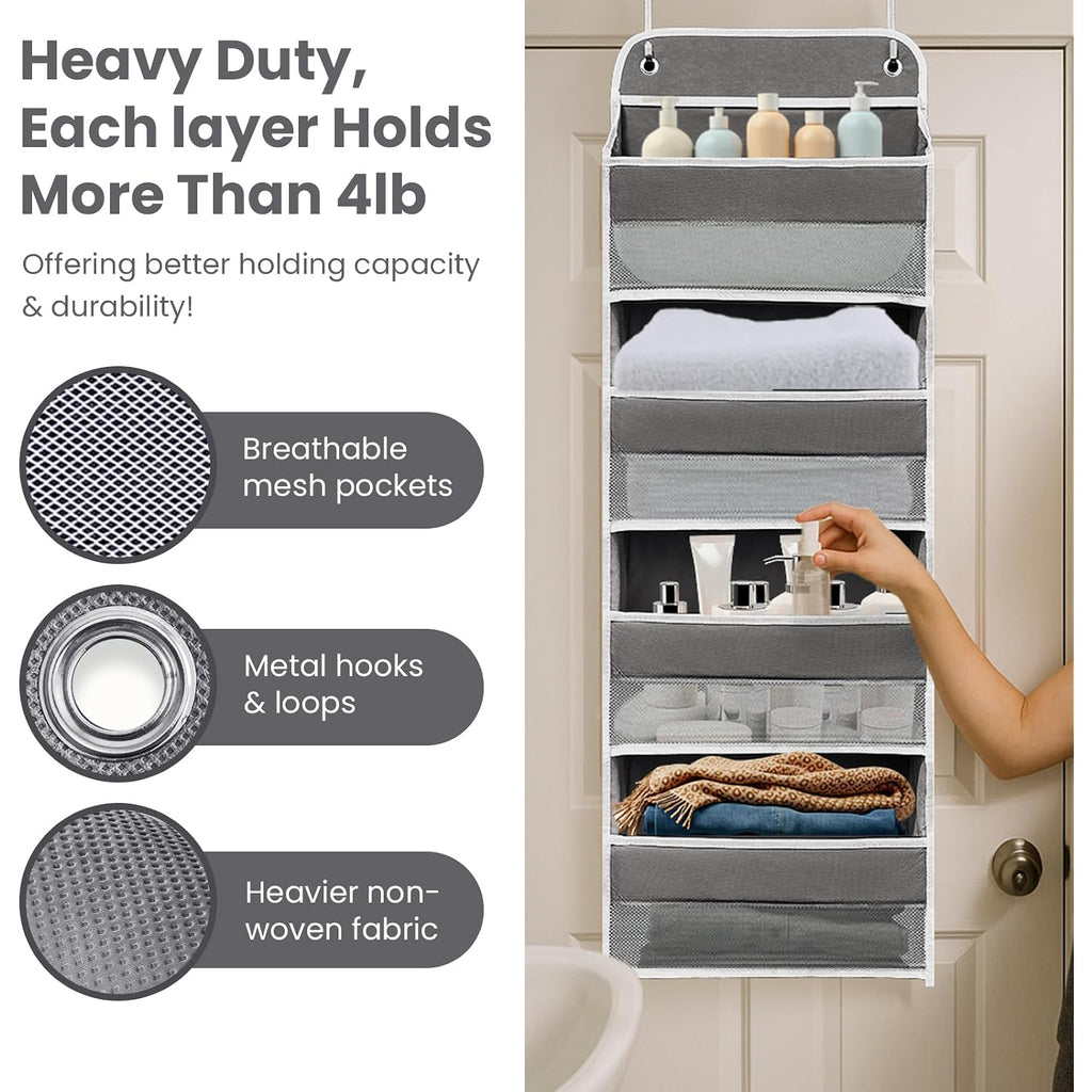 Over The Door Organizer With Lifetimewarranty, 4 Shelves & 4 Side Pockets, Large Storage Rack Holds 44Lb, Heavy-Duty Reinforced Mesh Shelf For Bathroom, Closet, Toy Organization, Shoes, Towels, Grey