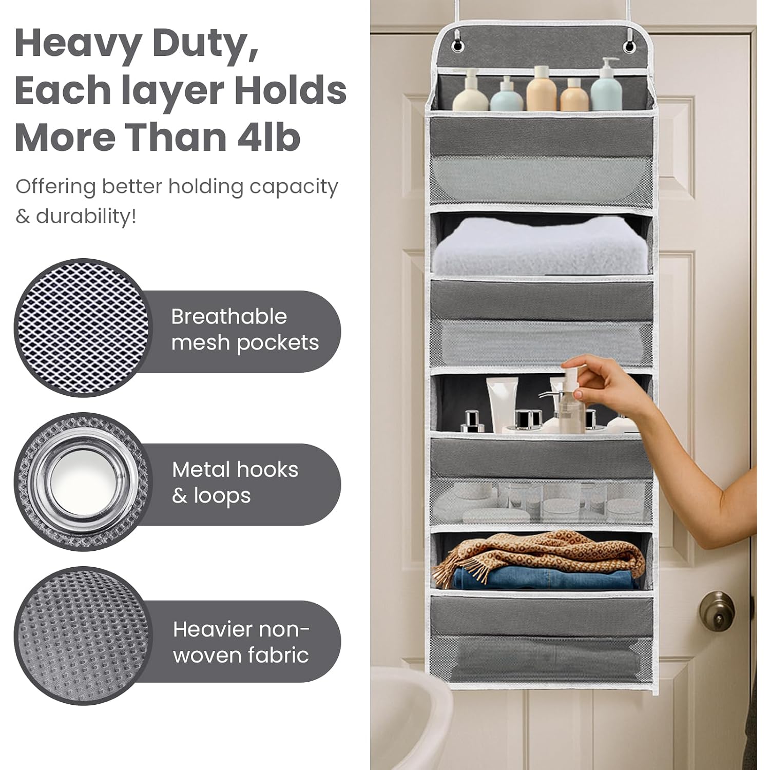 Over The Door Organizer With Lifetimewarranty, 4 Shelves & 4 Side Pockets, Large Storage Rack Holds 44Lb, Heavy-Duty Reinforced Mesh Shelf For Bathroom, Closet, Toy Organization, Shoes, Towels, Grey