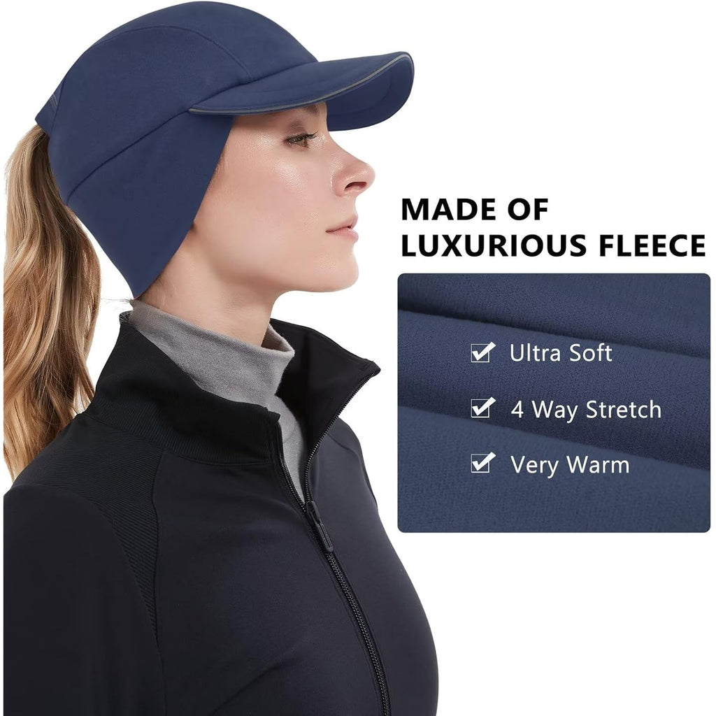GADIEMKENSD Women's Winter Reflective Fleece Ponytail Hat with Drop Down Ear Warmer Navy