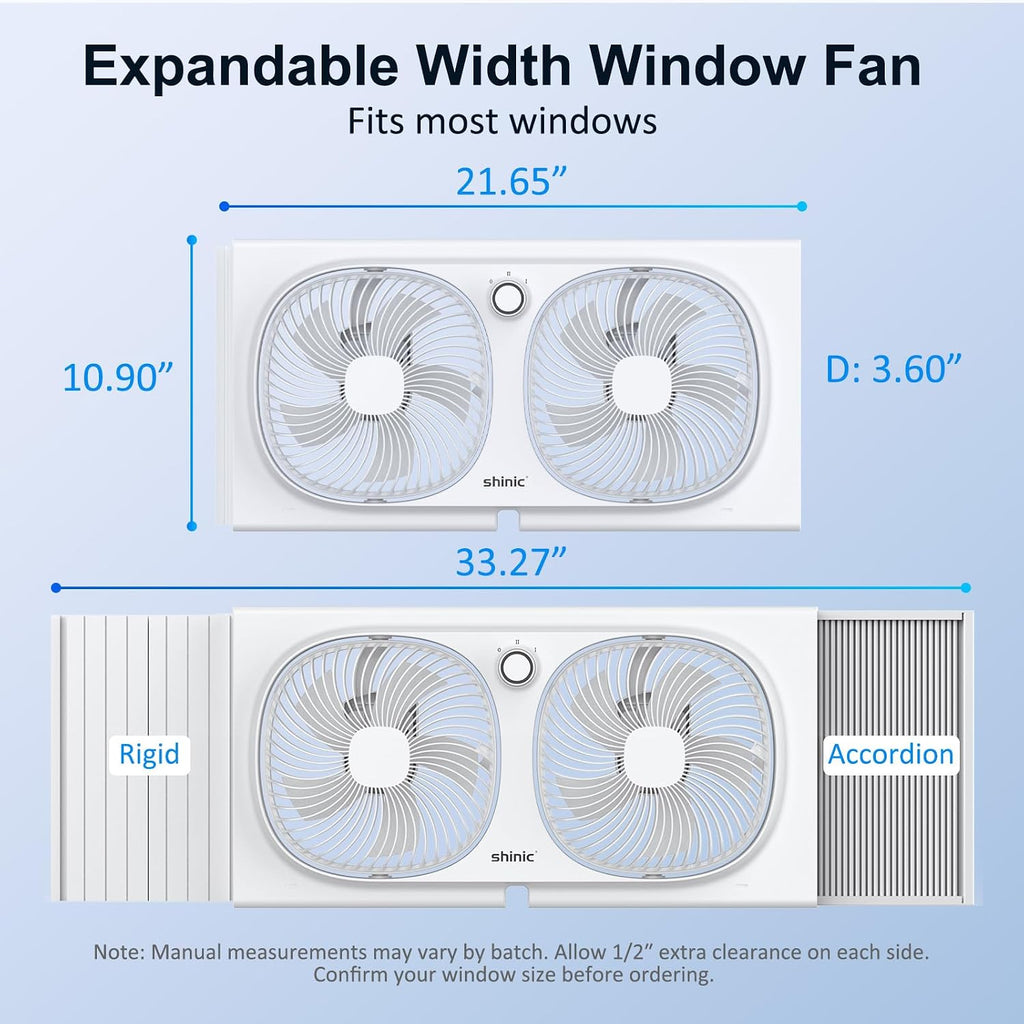 Shinic 3-Speeds Window Fan With 180°+90° Rotatable Fans, Manual Reversible, Vertical Window Fan With Rigid & Accordion Expanders, Width Adjustable (21.65" To 33.27"), Ideal For Home, Kitchen, Bedroom