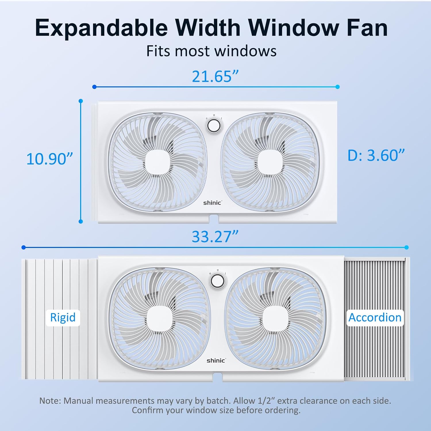 Shinic 3-Speeds Window Fan With 180°+90° Rotatable Fans, Manual Reversible, Vertical Window Fan With Rigid & Accordion Expanders, Width Adjustable (21.65" To 33.27"), Ideal For Home, Kitchen, Bedroom