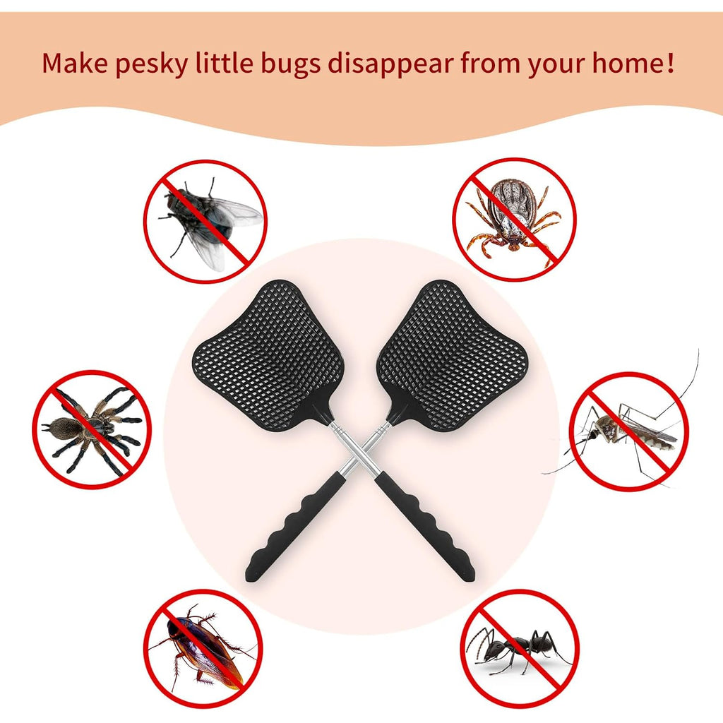 Fly Swatters 2 Pack, Durable Telescopic Stainless Steel Handle, Heavy Duty Black Bug Zapper Racket, Upgraded Plastic Fly Swatter Set For Indoor Outdoor Home Hiking Camping Garden