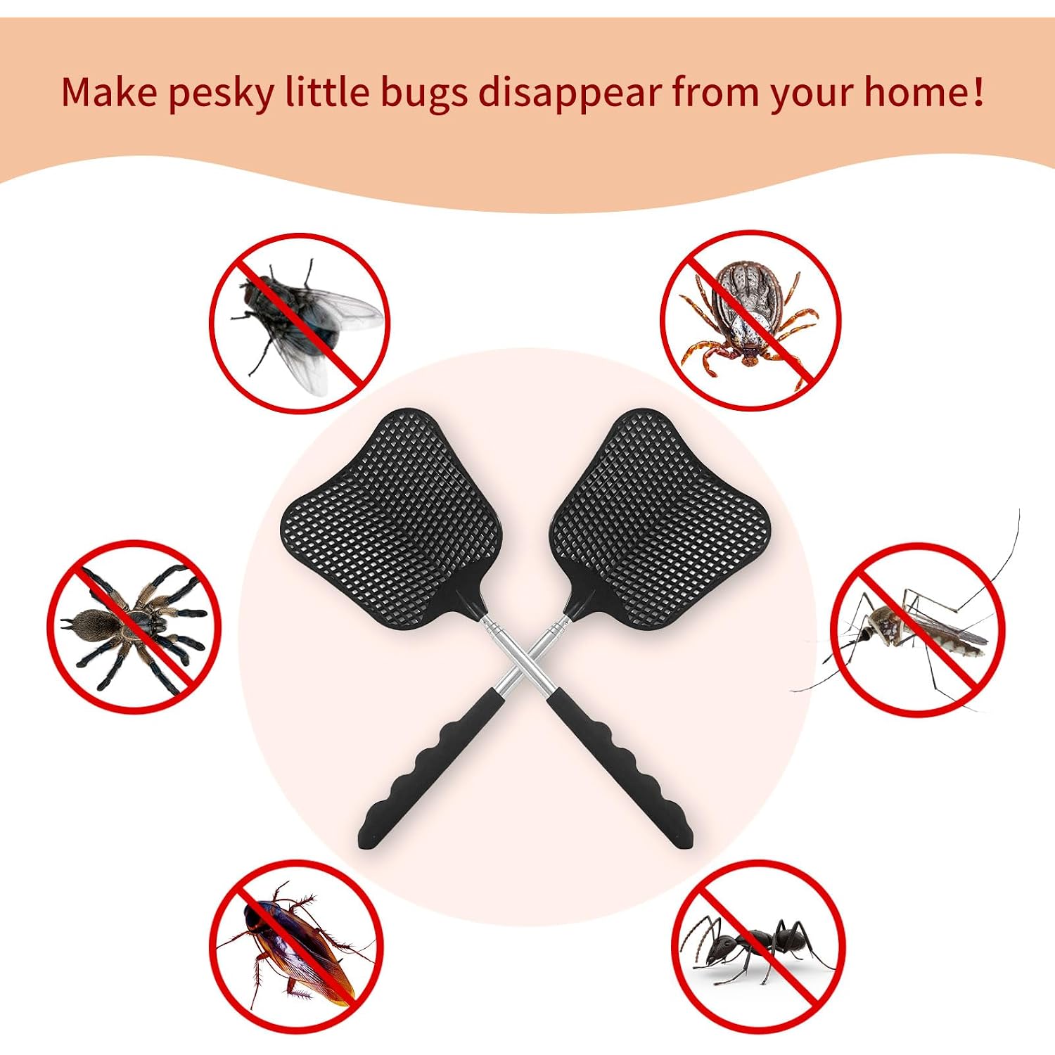 Fly Swatters 2 Pack, Durable Telescopic Stainless Steel Handle, Heavy Duty Black Bug Zapper Racket, Upgraded Plastic Fly Swatter Set For Indoor Outdoor Home Hiking Camping Garden